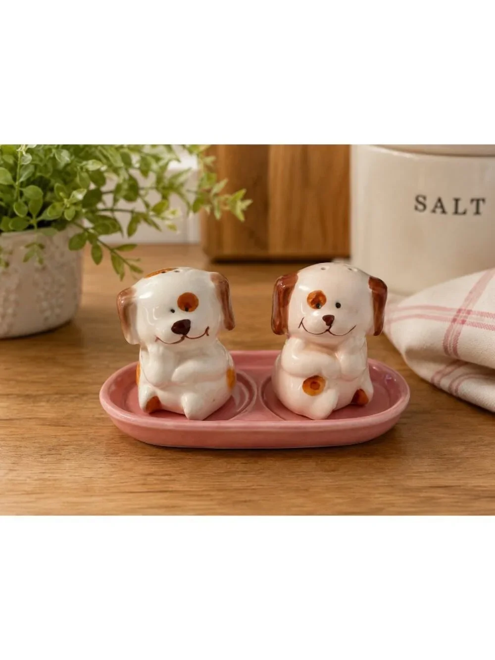 Vintage Japan Puppy Dog Salt And Pepper Shakers With Pink Tray Ceramic Set